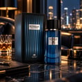 TADangel Intrigue Pour Homme — Botol minyak wangi kaca biru dan kotak sepadan di atas permukaan marmar dengan segelas wiski dan buku nota di latar belakang, lampu bandar kelihatan.