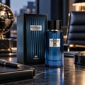 TADangel Intrigue Pour Homme — Botol minyak wangi kaca biru dan kotak sepadan di atas meja marmar dengan buku nota kulit dan pen, kerusi pejabat di latar belakang.