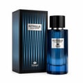 TADangel Intrigue Pour Homme — Botol minyak wangi kaca biru dan kotak berjalur sepadan dengan label perak, di latar belakang putih.