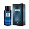 TADangel Intrigue Pour Homme — Botol minyak wangi kaca biru bertutup hitam di sebelah kotak berjalur biru hitam yang sepadan, kedua-duanya ada label putih dengan aksen emas.