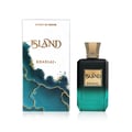 Khadlaj Island Extrait de Parfum 100ml by Khadlaj — A white box with abstract teal and gold marbling design stands next to a dark green glass perfume bottle with a gold textured cap and a gold label that reads "ISLAND KHADLAJ." | Khadlaj Island Extrait de Parfum 100ml by Khadlaj — Kotak putih dengan reka bentuk corak