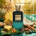 Khadlaj Island Extrait de Parfum 100ml — A perfume bottle with a gradient blue and green bottle, surrounded by pineapple slices, coconut, ginger, and amber resin on wet green leaves. | Khadlaj Island Extrait de Parfum 100ml — Botol minyak wangi dengan botol gradien biru dan hijau, dikelilingi oleh hirisan nanas