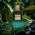 Khadlaj Island Extrait de Parfum 100ml by Khadlaj — A dark green and teal gradient perfume bottle with a gold textured cap sits on wet green leaves, with water droplets visible. | Khadlaj Island Extrait de Parfum 100ml by Khadlaj — Botol minyak wangi hijau gelap dan teal gradien dengan penutup bertekstur emas