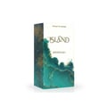 Khadlaj Island Extrait de Parfum — A white perfume box with a watercolor-like design of teal and gold abstract shapes and palm leaves. | Khadlaj Island Extrait de Parfum — Kotak minyak wangi putih dengan reka bentuk seperti cat air berbentuk abstrak teal dan emas serta daun pokok palma.