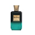 Khadlaj Island Extrait de Parfum 100ml by Khadlaj — A faceted dark green glass perfume bottle with a textured gold cap, featuring a gold label with 'ISLAND' and 'KHADLAJ.' text. | Khadlaj Island Extrait de Parfum 100ml by Khadlaj — Botol kaca hijau gelap berfaset dengan penutup emas bertekstur, menampilkan label emas