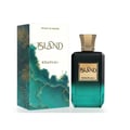 Khadlaj Island Extrait de Parfum 100ml by Khadlaj — A perfume bottle with a green gradient and gold cap sits next to its matching box with tropical leaf and abstract green design. | Khadlaj Island Extrait de Parfum 100ml by Khadlaj — Botol minyak wangi dengan gradien hijau dan penutup emas duduk bersebelahan dengan