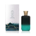 Khadlaj Island Extrait de Parfum 100ml by Khadlaj — A perfume box with scent notes listed and a gradient green bottle with a gold cap, set against a white background. | Khadlaj Island Extrait de Parfum 100ml by Khadlaj — Kotak minyak wangi dengan nota haruman disenaraikan dan botol hijau gradien dengan penutup emas