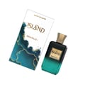Khadlaj Island Extrait de Parfum 100ml by Khadlaj — A white box with a marbled teal and gold design sits next to a dark green glass perfume bottle with a gold cap. | Khadlaj Island Extrait de Parfum 100ml by Khadlaj — Kotak putih dengan rekaan teal dan emas berjalak duduk di sebelah botol minyak wangi kaca hijau gelap