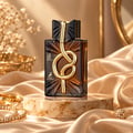 Maison Alhambra IT by Maison Alhambra 100ml EDP Men — Botol minyak wangi kaca perang dengan perincian simpulan emas, di atas alas marmar, dikelilingi fabrik satin dan barang kemas.
