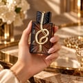Maison Alhambra IT by Maison Alhambra 100ml EDP Men — Tangan wanita bersarung cincin emas menyentuh penutup hitam botol minyak wangi kaca coklat berhias simpul emas. Kotak emas dan beg tangan hitam turut kelihatan.