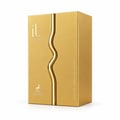 Maison Alhambra IT by Maison Alhambra 100ml EDP Men — Tangan wanita berkuku cantik memegang botol minyak wangi kaca perang dengan rekaan simpulan emas dan penutup reben hitam. Latar belakang bunga dan hiasan emas kabur.