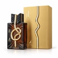 Maison Alhambra IT oleh Maison Alhambra 100ml EDP Lelaki — Botol minyak wangi kaca perang dengan perincian simpul emas dan penutup hitam, bersebelahan kotak emas dengan aksen emas berombak.