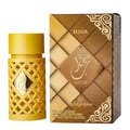Ard Al Zaafaran Jazzab Gold by Ard Al Zaafaran Eau De Parfum 100ml — A yellow perfume bottle with a lattice design sits next to its matching gold and brown checkered box, both featuring Arabic script and the name Jazzab. | Ard Al Zaafaran Jazzab Gold by Ard Al Zaafaran Eau De Parfum 100ml — Botol minyak wangi kuning