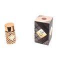 Ard Al Zaafaran Jazzab Gold by Ard Al Zaafaran Eau De Parfum 100ml — A gold-colored perfume bottle with a diamond-patterned cage sits next to its matching black and gold patterned box on a white background. | Ard Al Zaafaran Jazzab Gold by Ard Al Zaafaran Eau De Parfum 100ml — Botol minyak wangi berwarna emas dengan