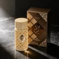 Ard Al Zaafaran Jazzab Gold Eau De Parfum 100ml — A cream-colored perfume bottle with a lattice design sits on a dark marble surface next to its matching gold and brown checkered box. | Ard Al Zaafaran Jazzab Gold Eau De Parfum 100ml — Botol minyak wangi berwarna krim dengan reka bentuk kratak duduk di atas permukaan