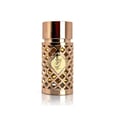 Ard Al Zaafaran Jazzab Gold Eau De Parfum 100ml — A rose gold perfume bottle with a diamond-patterned cage and a gold emblem on a white background. | Ard Al Zaafaran Jazzab Gold Eau De Parfum 100ml — Botol minyak wangi emas ros dengan sangkar bermotif berlian dan lambang emas di atas latar belakang putih.
