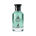 Maison Alhambra Jean Lowe Fantasme 100ml — A clear glass perfume bottle with light green liquid, a black cap, and a label featuring a deer silhouette and foliage design. | Maison Alhambra Jean Lowe Fantasme 100ml — Botol kaca jernih berisi cecair hijau muda, penutup hitam, dan label menampilkan siluet rusa serta reka