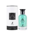 Maison Alhambra Jean Lowe Fantasme 100ml — A cylindrical white and black box stands next to a clear glass bottle of turquoise liquid perfume with a black cap, both featuring a deer silhouette and leaf motif. | Maison Alhambra Jean Lowe Fantasme 100ml — Kotak silinder putih dan hitam berdiri di sebelah botol kaca