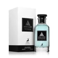 Maison Alhambra Jean Lowe Fantasme 100ml — A white box and a light blue perfume bottle with black labels featuring a deer silhouette and ornate design, set against a white background. | Maison Alhambra Jean Lowe Fantasme 100ml — Kotak putih dan botol minyak wangi biru muda dengan label hitam menampilkan siluet rusa