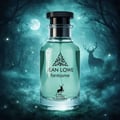 Maison Alhambra Jean Lowe Fantasme 100ml — A clear glass perfume bottle with green liquid sits in a mystical, moonlit forest with a deer silhouette in the background. | Maison Alhambra Jean Lowe Fantasme 100ml — Botol kaca jernih berisi cecair hijau diletakkan di hutan mistik bermandikan cahaya bulan dengan siluet