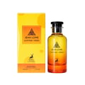 Maison Alhambra Jean Lowe Summer Vibes 100ml — Yellow and orange gradient box with a sun graphic and deer logo next to a matching gradient glass perfume bottle with a black cap. | Maison Alhambra Jean Lowe Summer Vibes 100ml — Kotak gradien kuning dan jingga dengan grafik matahari dan logo rusa di sebelah botol minyak