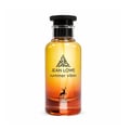 Maison Alhambra Jean Lowe Summer Vibes 100ml — A clear glass perfume bottle with a gradient of yellow to orange to red liquid, featuring a black cap and a black silhouette of a deer and foliage on the label. | Maison Alhambra Jean Lowe Summer Vibes 100ml — Botol kaca jernih berisi cecair gradien dari kuning ke jingga