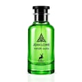 Maison Alhambra Jean Lowe Verde Aura — A vibrant green glass perfume bottle with a black cap, featuring a black leaf-like emblem and a deer silhouette on the label. | Maison Alhambra Jean Lowe Verde Aura — Botol kaca hijau terang dengan penutup hitam, menampilkan lambang hitam seperti daun dan siluet rusa pada label.