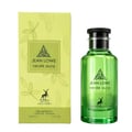 Maison Alhambra Jean Lowe Verde Aura — A green glass perfume bottle and its matching lime green box with cactus and leaf illustrations, both featuring a deer silhouette and the brand logo. | Maison Alhambra Jean Lowe Verde Aura — Botol kaca hijau dan kotak hijau limau yang sepadan dengan ilustrasi kaktus dan daun