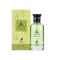 Maison Alhambra Jean Lowe Verde Aura 100ml — A light green glass perfume bottle with a black cap sits next to its matching light green box, which features cactus and leaf illustrations. | Maison Alhambra Jean Lowe Verde Aura 100ml — Sebotol minyak wangi kaca hijau muda dengan penutup hitam terletak di sebelah kotak