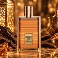 Khadlaj Karus Amber Gold by Khadlaj 100ml EDP Unisex — A rectangular gold-accented bottle with horizontal amber lines, featuring a gold cap. It's placed on a reflective surface with oud wood, amber resin pieces, and an ornate golden lantern in the background.