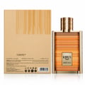 Khadlaj Karus Amber Gold EDP Unisex — A 100ml bottle of amber-colored perfume with a ribbed gold cap, presented next to its matching beige cardboard box with vertical gold lines.