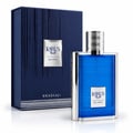 Khadlaj Karus Blu Spice 100ml EDP Men — Blue glass perfume bottle with silver ribbed cap and silver trim, next to a dark blue textured box with silver vertical lines and a silver label.