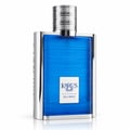 Khadlaj Karus Blu Spice 100ml EDP Men — Rectangular blue glass perfume bottle with textured horizontal lines, silver ribbed cap, and white label with blue text.