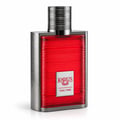 Khadlaj Karus Oud Fire EDP Unisex — Red fluted glass bottle with metallic silver ribbed cap and silver frame, featuring a white label with red text and dragon emblem.