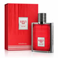 Khadlaj Karus Oud Fire — Red textured box and glass perfume bottle with silver ribbed cap and silver trim, featuring white labels with gold text.