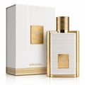 Karus Secret Musk by Khadlaj — White textured box and gold-accented perfume bottle with ribbed white body and gold cap, set against a white background.