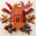 Lattafa Khamrah Mira — Amber-toned perfume bottle with intricate geometric patterns, set against a soft, draped fabric background with a lit candle, cinnamon sticks, chocolate chunks, and red berries.