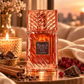 Lattafa Khamrah Mira — Botol minyak wangi kaca jingga berfaset dikelilingi buah beri merah, batang kayu manis, biji koko, ketulan coklat, dan berangan di atas latar belakang putih bertekstur.