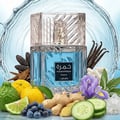 Lattafa Khamrah Waha Lattafa Perfumes 100ml EDP — A clear glass perfume bottle with blue liquid, surrounded by fresh ingredients like lemons, blueberries, ginger, cucumber slices, and vanilla beans, with a splash of water in the background. | Lattafa Khamrah Waha Lattafa Perfumes 100ml EDP — Botol kaca jernih dengan