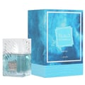 Lattafa Khamrah Waha Lattafa Perfumes 100ml EDP — A clear glass perfume bottle with a textured silver cap sits next to its blue marble-patterned box. | Lattafa Khamrah Waha Lattafa Perfumes 100ml EDP — Botol minyak wangi kaca jernih dengan penutup perak bertekstur duduk bersebelahan dengan kotaknya yang bermotif