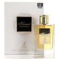 Maison Alhambra Kismet for Women 100ml — A white box with gold glitter accents and a black square label featuring gold script 'Kismet for Women' is shown next to a clear glass perfume bottle with a gold ridged cap and a gold label with the same branding. | Maison Alhambra Kismet for Women 100ml — Kotak putih dengan