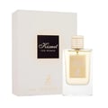Maison Alhambra Kismet for Women 100ml — A white box and a clear glass perfume bottle with a gold cap and label, featuring the 'Kismet for Women' logo and a deer illustration. | Maison Alhambra Kismet for Women 100ml — Kotak putih dan botol minyak wangi kaca jernih dengan penutup dan label emas, menampilkan logo