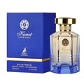 Maison Alhambra Kismet Lunar Magic 100ml — A blue box and a clear glass perfume bottle with a gold cap and blue base, featuring intricate patterns on the glass. | Maison Alhambra Kismet Lunar Magic 100ml — Kotak biru dan botol kaca jernih minyak wangi dengan penutup emas dan tapak biru, menampilkan corak rumit pada