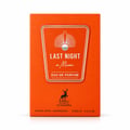 Maison Alhambra Last Night in Miami — Orange box packaging with a silver embossed label featuring a sunburst logo and text 'LAST NIGHT in Miami EAU DE PARFUM', and a deer silhouette logo.