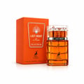 Maison Alhambra Last Night in Miami — Orange box and amber glass perfume bottle with clear faceted cap, set against a white background.