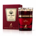 Maison Alhambra Last Night in Paris — Red glass perfume bottle with gold accents and a faceted crystal-like cap, next to its textured red presentation box with a gold emblem.