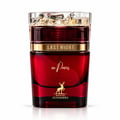 Maison Alhambra Last Night in Paris — Red glass perfume bottle with gold accents and 'ice' like cap, set against a white background.