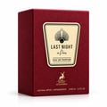 Maison Alhambra Last Night in Paris — Textured deep red box with a gold label featuring a sunburst design and "Last Night in Paris" text, with a deer logo and product details at the bottom.