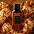 Bujairami Legacy by Bujairami 100ml Extrait — Amber glass perfume bottle surrounded by scoops of ice cream, chocolate chunks, caramel drizzle, and cocoa powder.