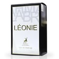 Maison Alhambra Leonie for Women by Maison Alhambra 100ml — A black and white perfume box with gold lettering and a deer logo. | Maison Alhambra Leonie for Women by Maison Alhambra 100ml — Kotak minyak wangi hitam putih dengan tulisan emas dan logo rusa.